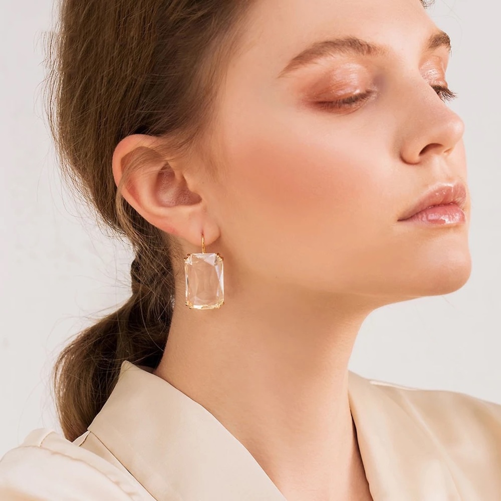 New Crystal Clear Big Square Earrings Drop Dangle - Picture 6 of 12